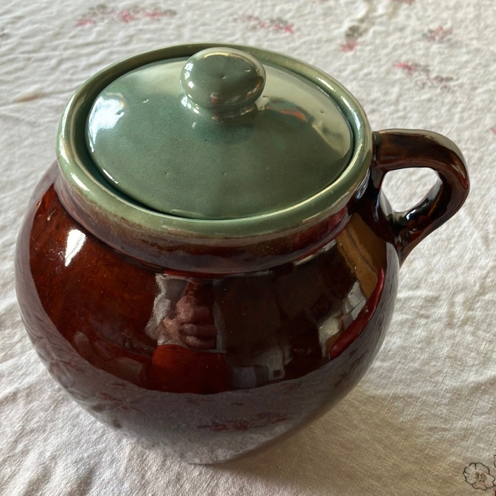 John B. Taylor Country Fare Glased Bottom Brown w. Teal Lid Bean Pot 6.25"H